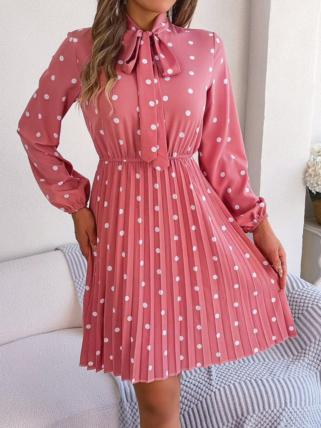 Polka Dot Tie Neck Pleated Dress-Angel Casuals