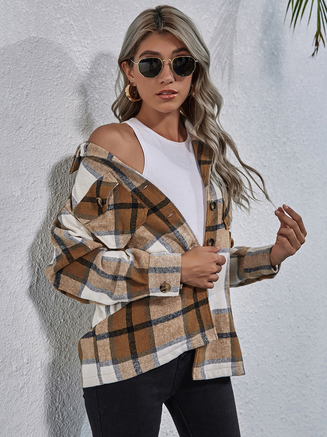 Plaid Button Down Collared Jacket-Angel Casuals