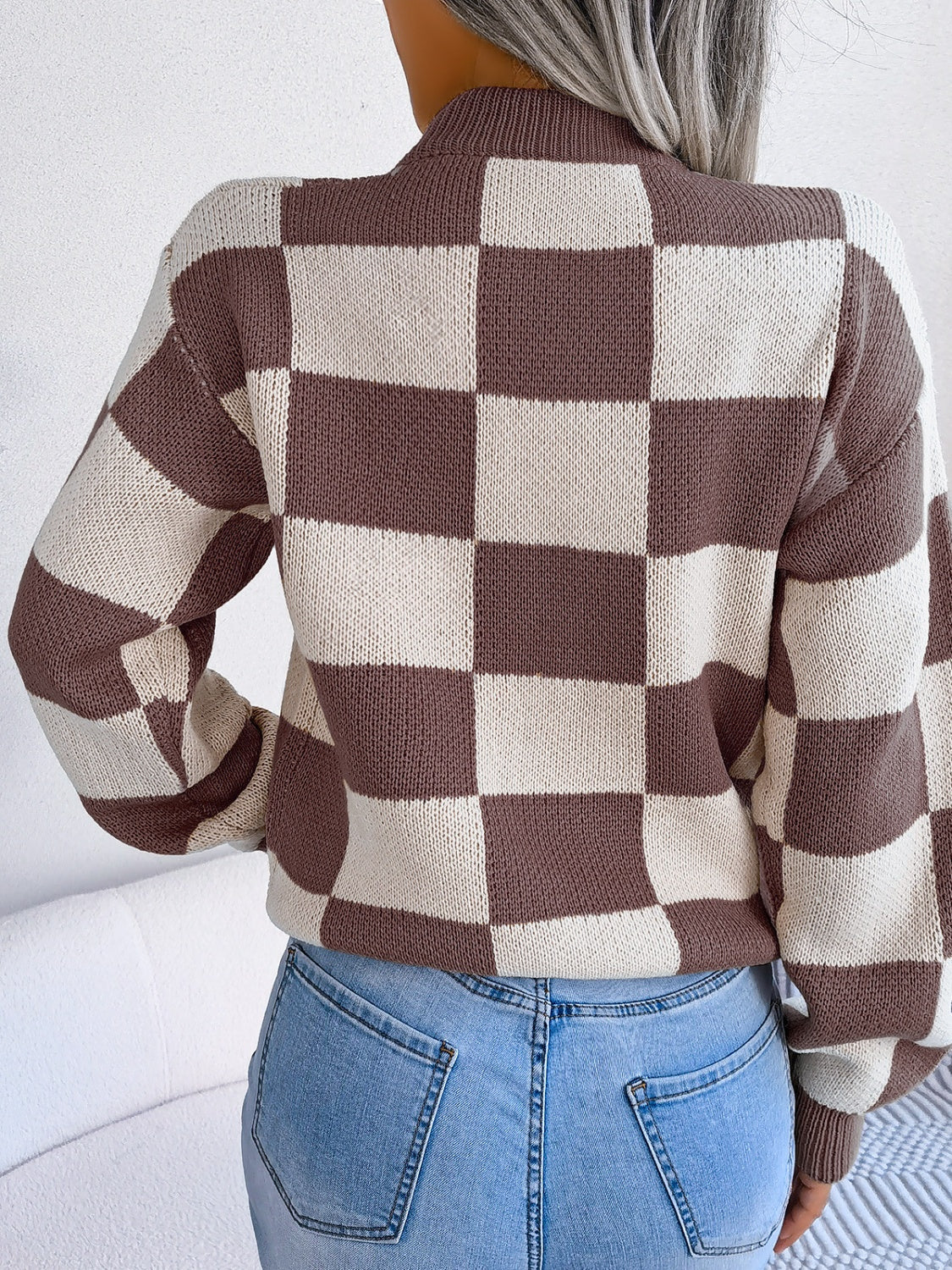 Checkered Mock Neck Long Sleeve Sweater-Angel Casuals