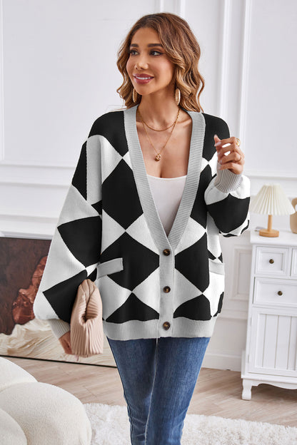 Geometric Lantern Sleeve Cardigan with Pockets-Angel Casuals