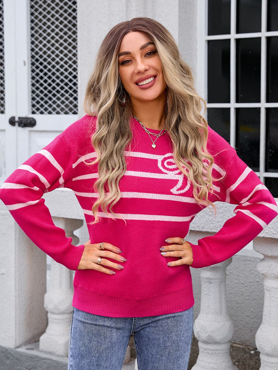 Angel Wings Striped Round Neck Long Sleeve Sweater-Angel Casuals