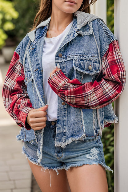 Raw Hem Drawstring Plaid Denim Jacket-Angel Casuals