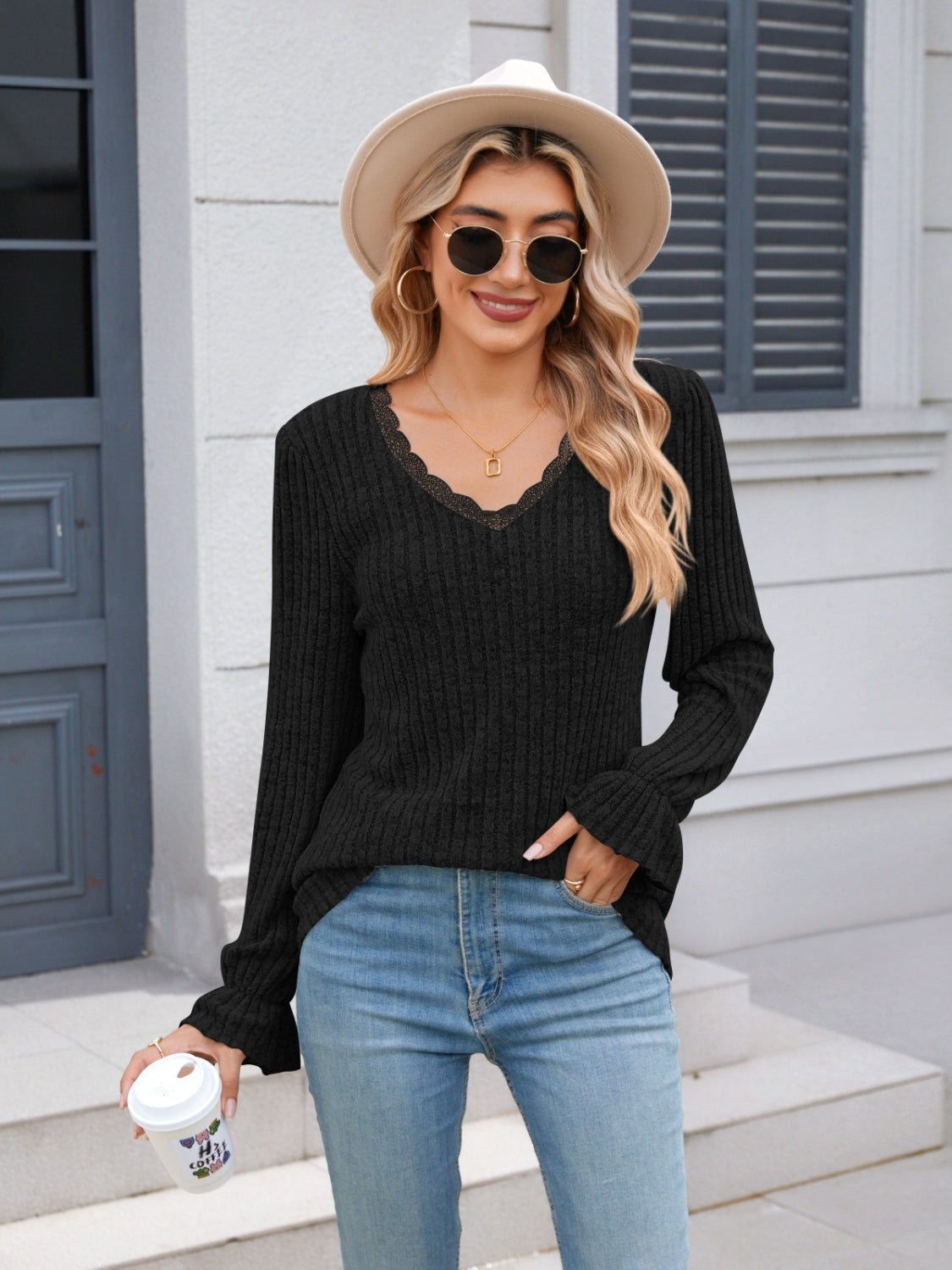 Lace Detail V-Neck Long Sleeve T-Shirt-Angel Casuals