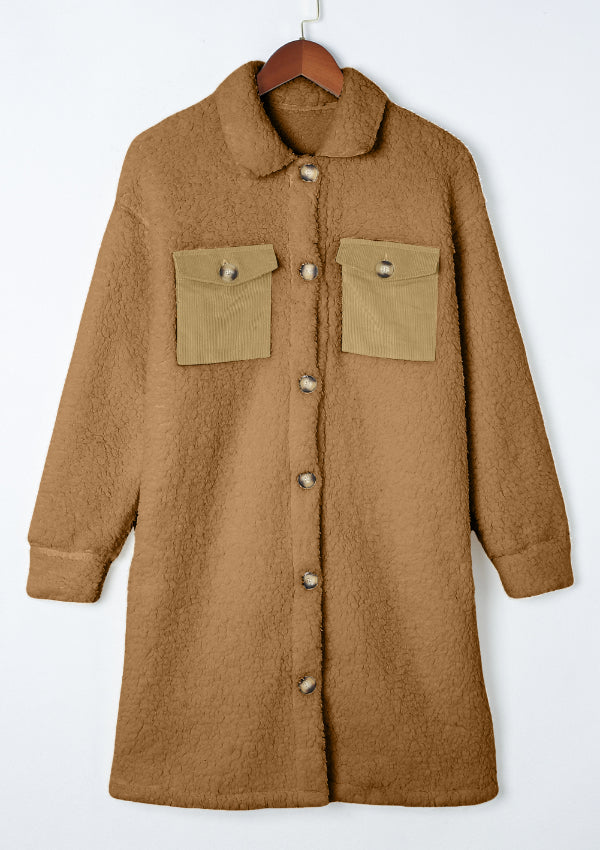 Collared Neck Long Sleeve Longline Teddy Jacket-Angel Casuals