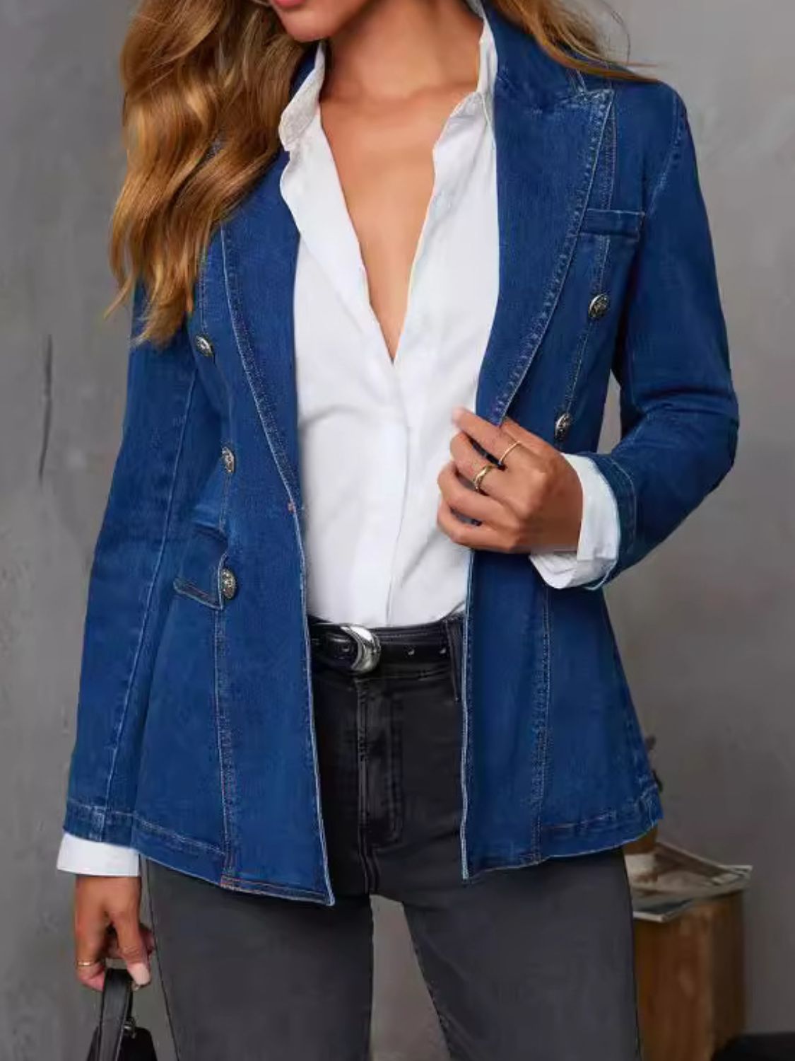 Collared Neck Long Sleeve Denim Jacket-Angel Casuals