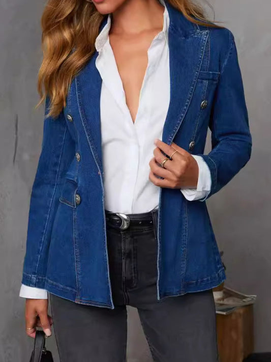 Collared Neck Long Sleeve Denim Jacket-Angel Casuals