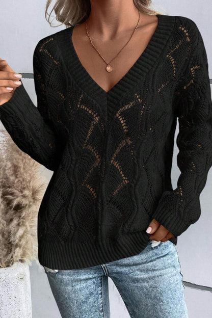 Openwork V-Neck Long Sleeve Sweater-Angel Casuals