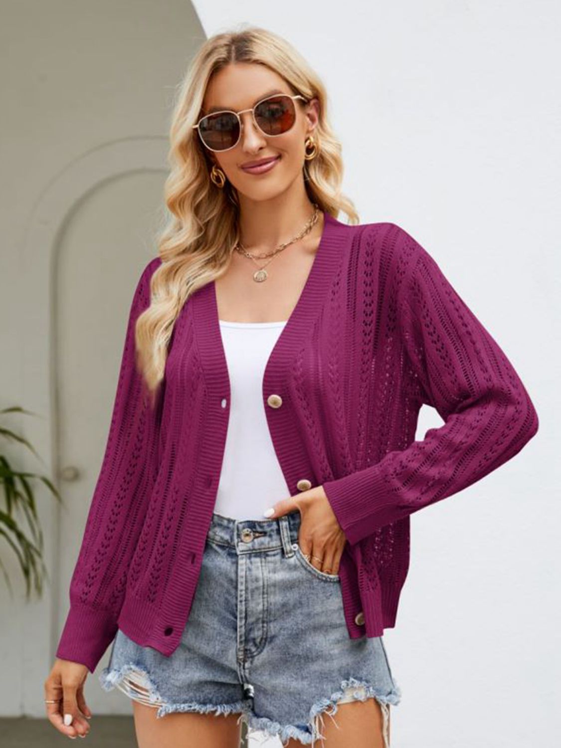 Button Down Ribbed Trim Cardigan-Angel Casuals