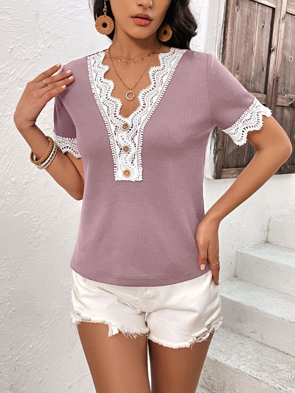Lace Detail V-Neck Short Sleeve T-Shirt-Angel Casuals