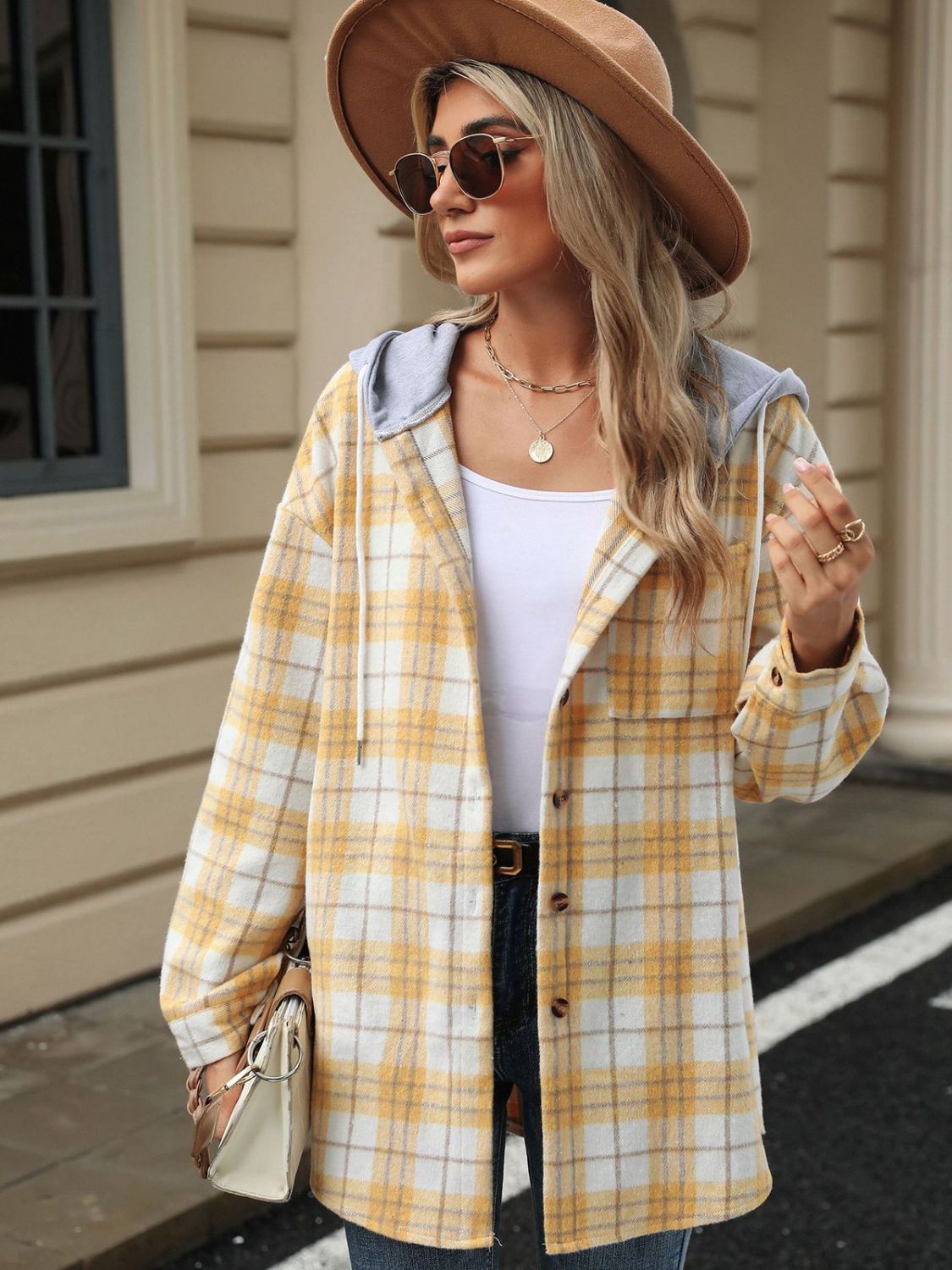 Drawstring Plaid Button Up Hooded Jacket-Angel Casuals