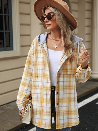 Drawstring Plaid Button Up Hooded Jacket-Angel Casuals
