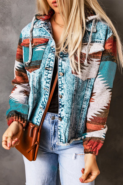 Drawstring Hooded Pocketed Denim Jacket-Angel Casuals