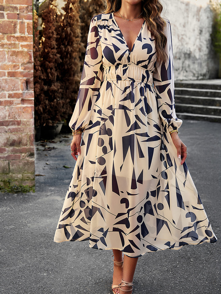 Printed V-Neck Long Sleeve Midi Dress-Angel Casuals