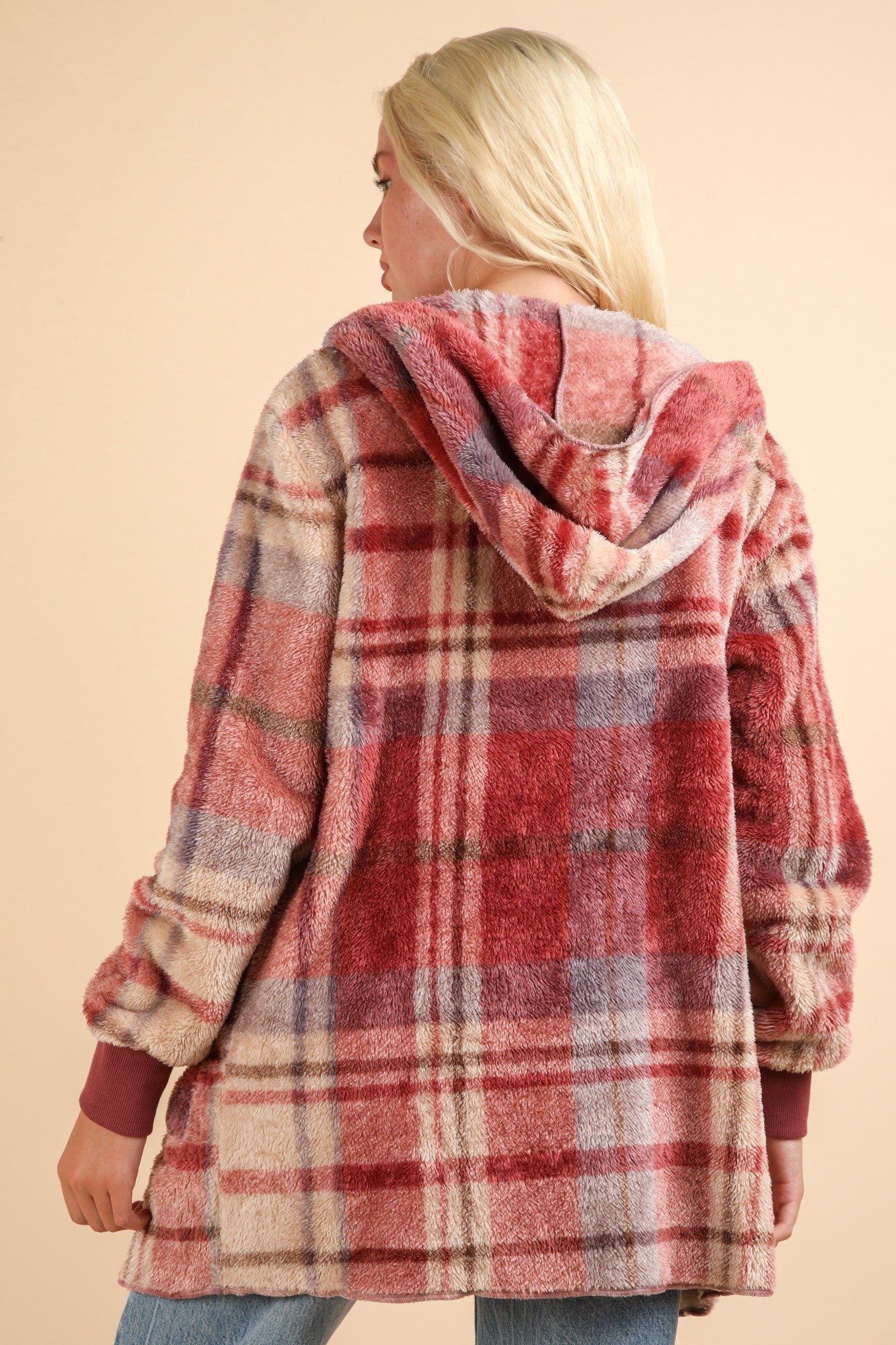 VERY J Fuzzy Plaid Long Sleeve Hooded Jacket-Angel Casuals