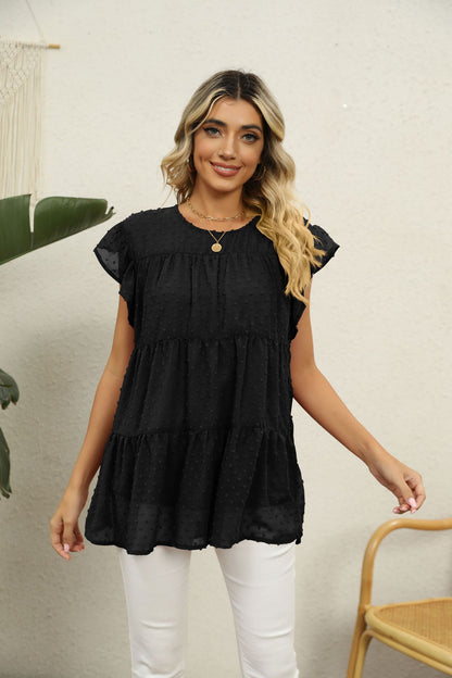 Swiss Dot Round Neck Tiered Blouse-Angel Casuals