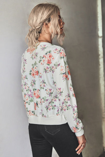 Floral Zip Up Ribbed Trim Bomber Jacket-Angel Casuals