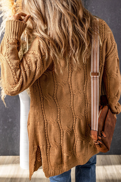 Cable-Knit Dropped Shoulder Slit Cardigan-Angel Casuals