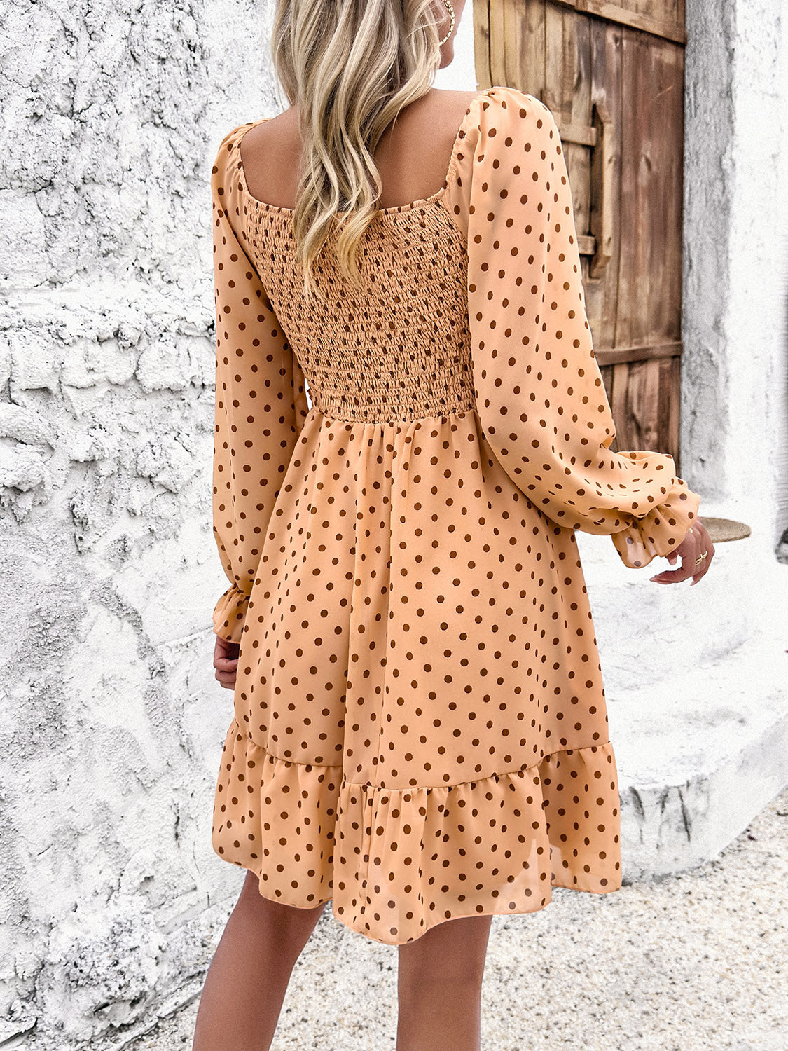 Smocked Polka Dot Long Sleeve Dress-Angel Casuals