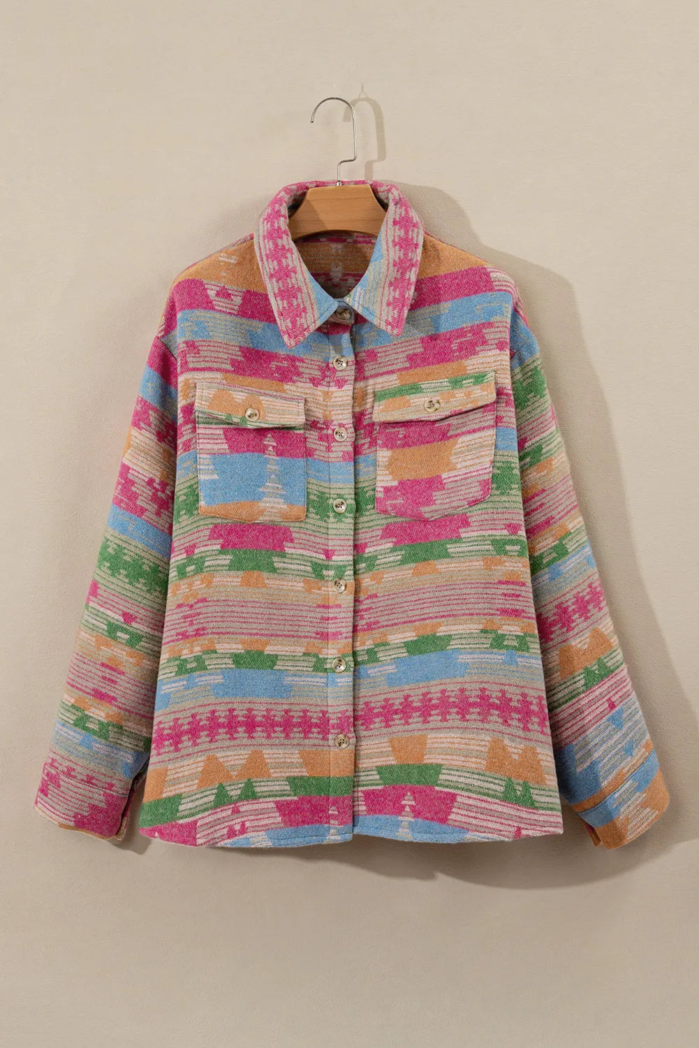 Plus Size Pocketed Printed Collared Neck Jacket-Angel Casuals