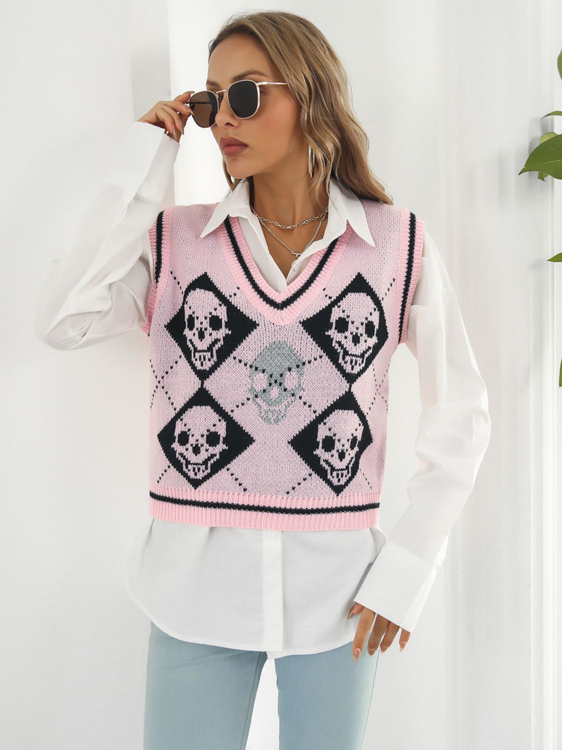 Skull Contrast V-Neck Sweater Vest-Angel Casuals