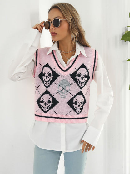 Skull Contrast V-Neck Sweater Vest-Angel Casuals