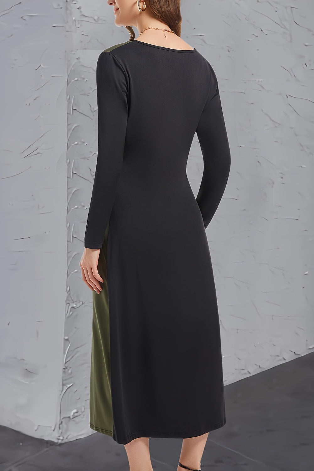 Contrast Long Sleeve Midi Dress-Angel Casuals