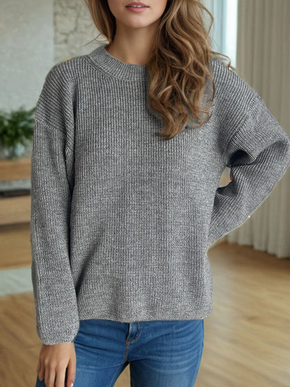 Solid Color Round Neck Long Sleeve Sweater-Angel Casuals