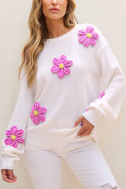 Crochet Flower Round Neck Long Sleeve Sweater-Angel Casuals