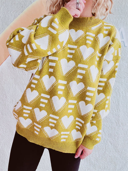 Heart Contrast Long Sleeve Dropped Shoulder Sweater-Angel Casuals