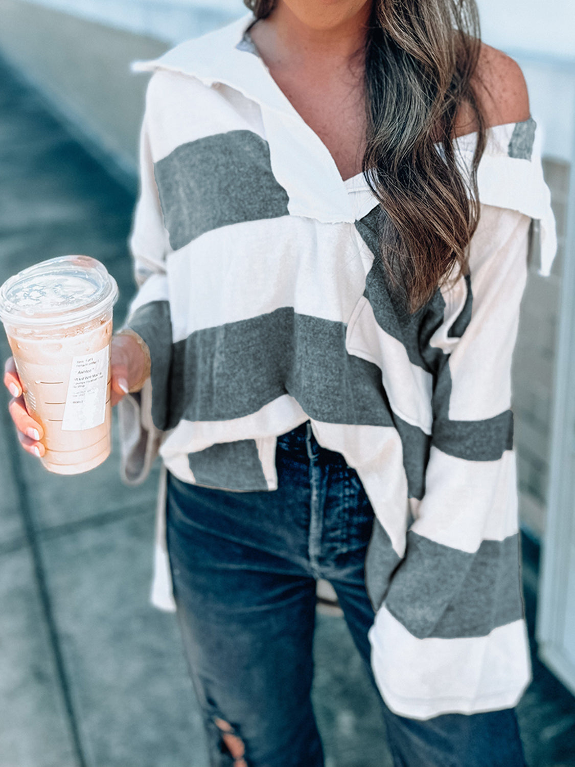 Striped Collared Neck Long Sleeve T-Shirt-Angel Casuals