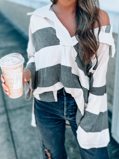 Striped Collared Neck Long Sleeve T-Shirt-Angel Casuals