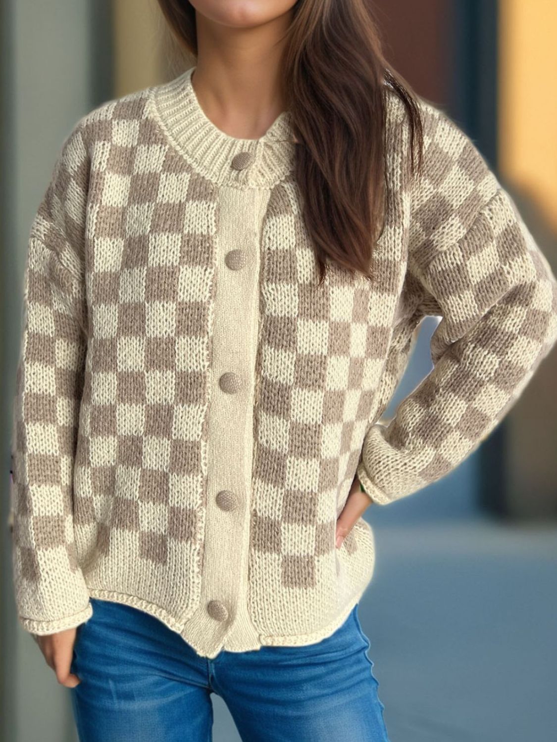 Checkered Button Up Round Neck Cardigan-Angel Casuals
