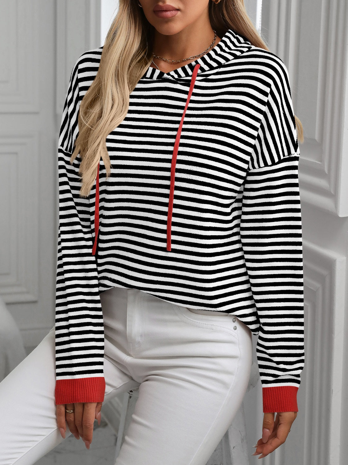 Mandy Striped Long Sleeve Hooded Knit Top-Angel Casuals