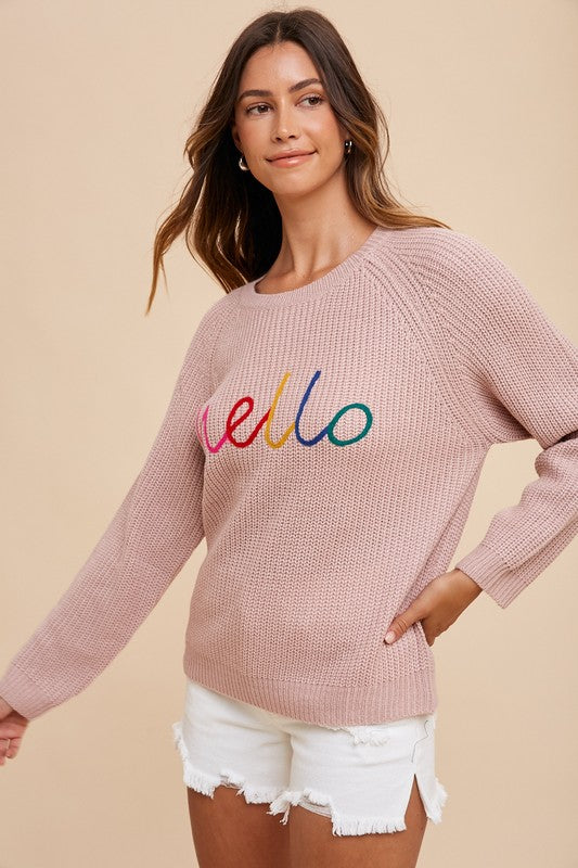 Annie Wear HELLO Embroidered Raglan Sleeve Sweater-Angel Casuals