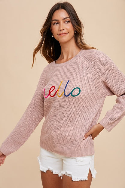 Annie Wear HELLO Embroidered Raglan Sleeve Sweater-Angel Casuals