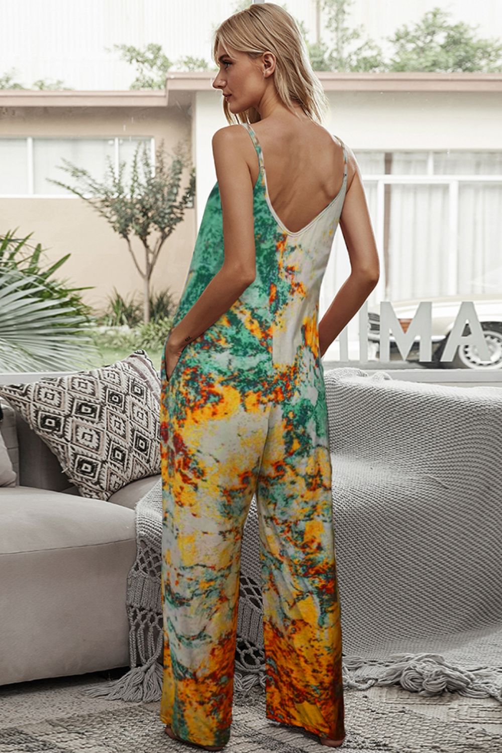 Tie-Dye Spaghetti Strap Jumpsuit with Pockets-Angel Casuals