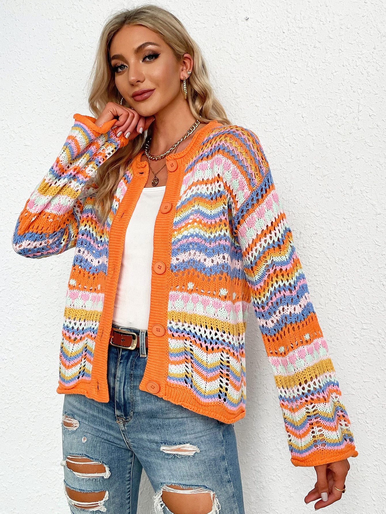 Chevron Stripes Openwork Cardigan-Angel Casuals