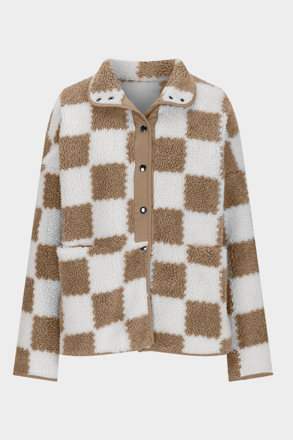 Checkered Snap Down Long Sleeve Teddy Jacket-Angel Casuals