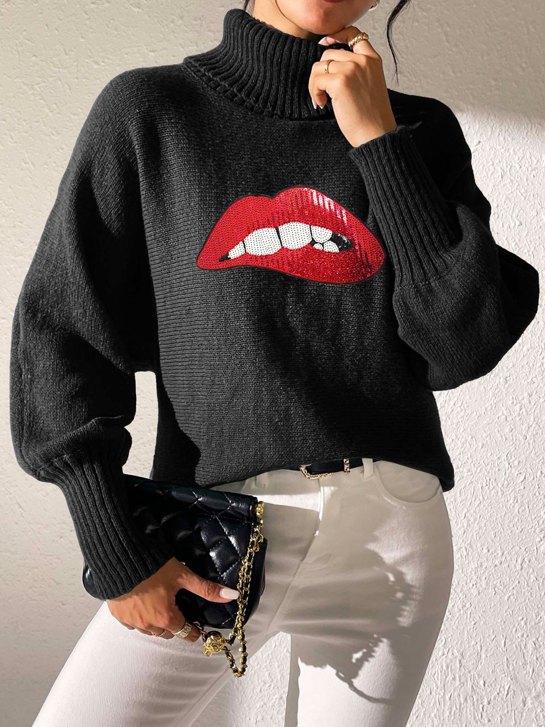 Lip Turtleneck Long Sleeve Sweater-Angel Casuals