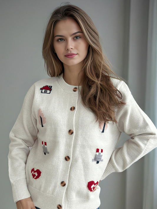 Button Up Round Neck Long Sleeve Cardigan-Angel Casuals