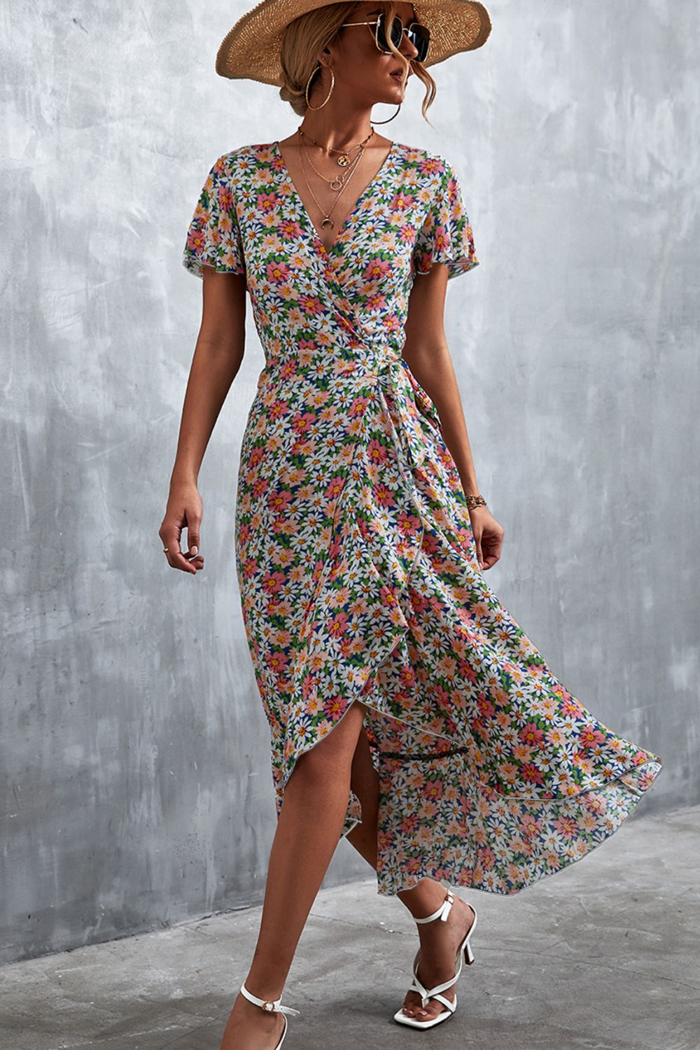 Floral Surplice Neck Tied Midi Dress-Angel Casuals