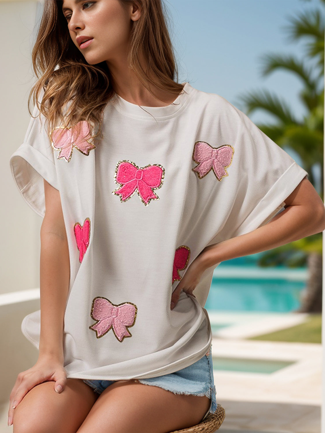 Bow Round Neck Short Sleeve T-Shirt-Angel Casuals