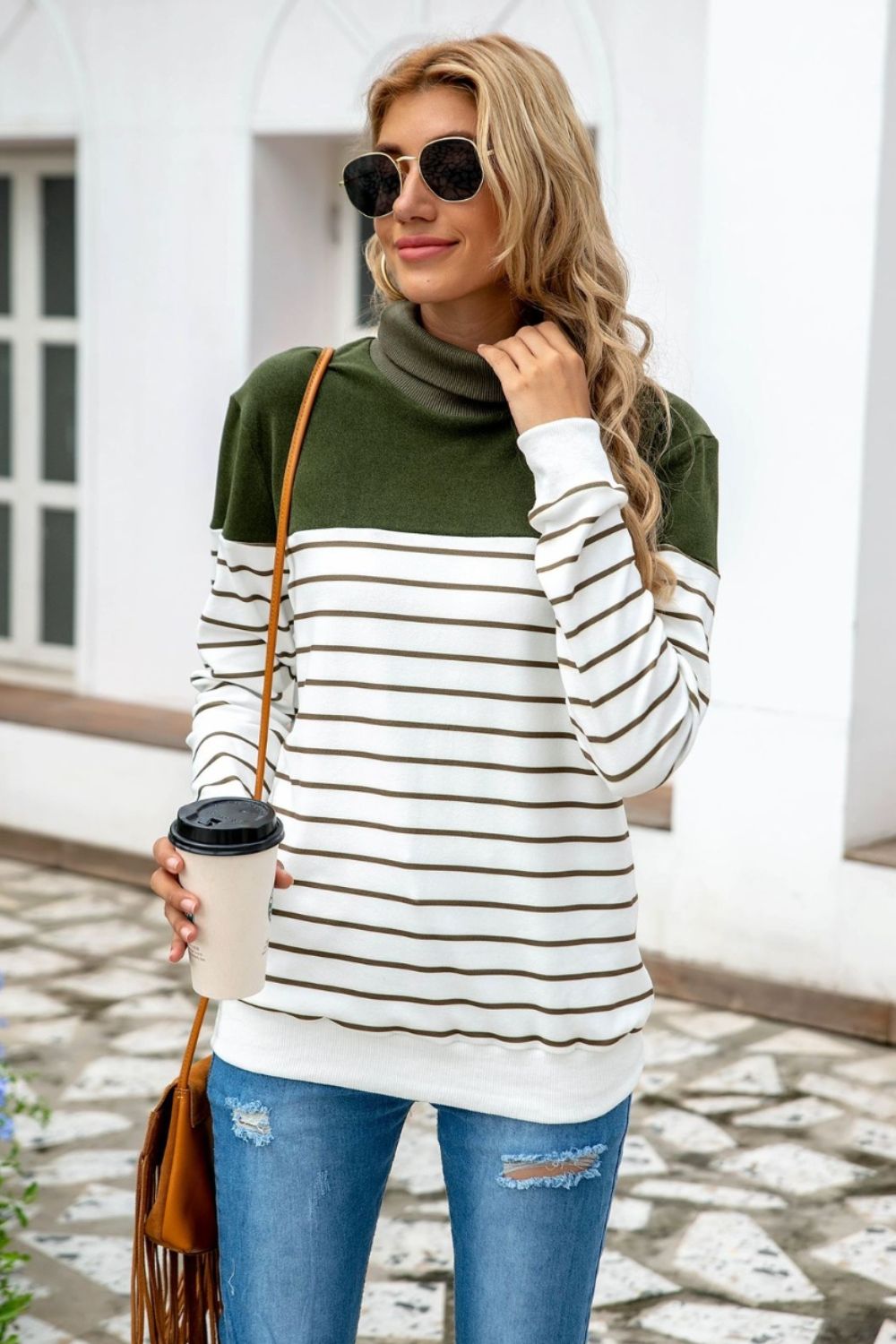 Striped Contrast Turtleneck Sweater-Angel Casuals