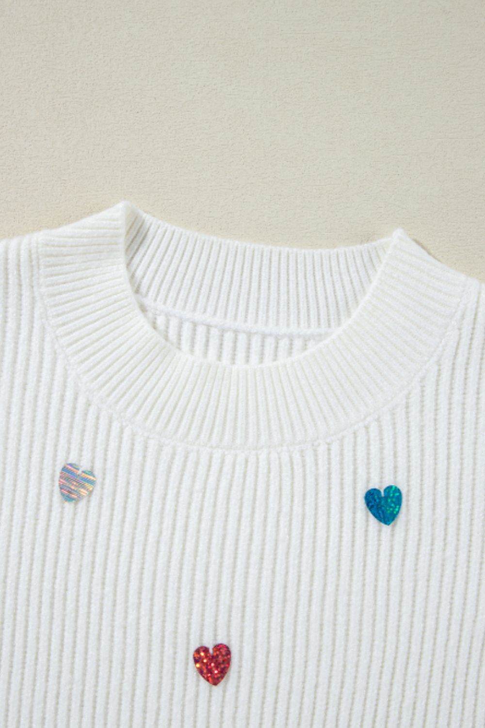 Heart Sequin Round Neck Long Sleeve Sweater-Angel Casuals