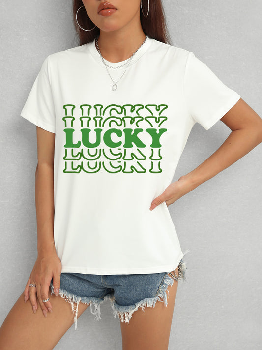 LUCKY Round Neck Short Sleeve T-Shirt-Angel Casuals
