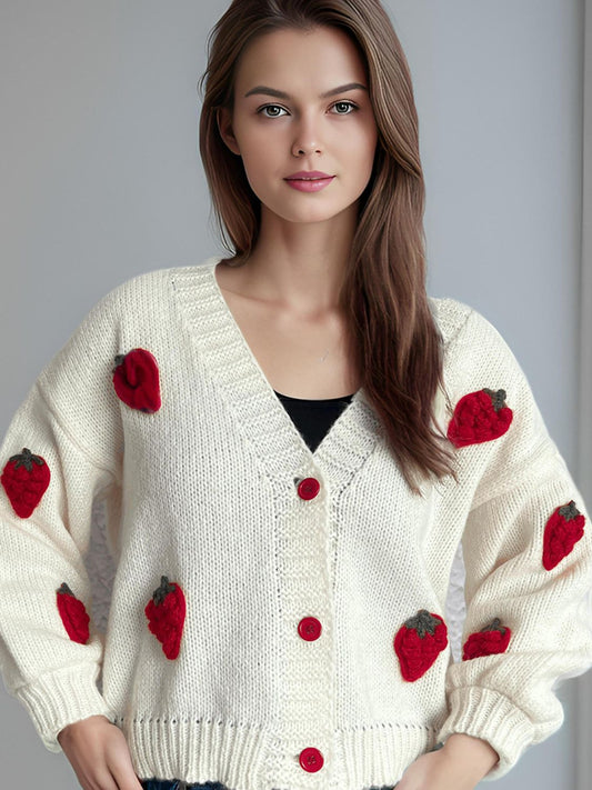 Crochet Strawberry V-Neck Long Sleeve Cardigan-Angel Casuals