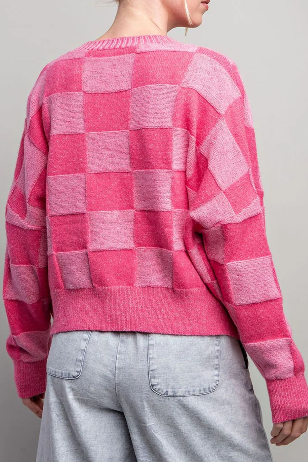 Checkered V-Neck Long Sleeve Cardigan-Angel Casuals