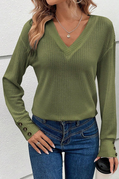 Decorative Button V-Neck Long Sleeve T-Shirt-Angel Casuals