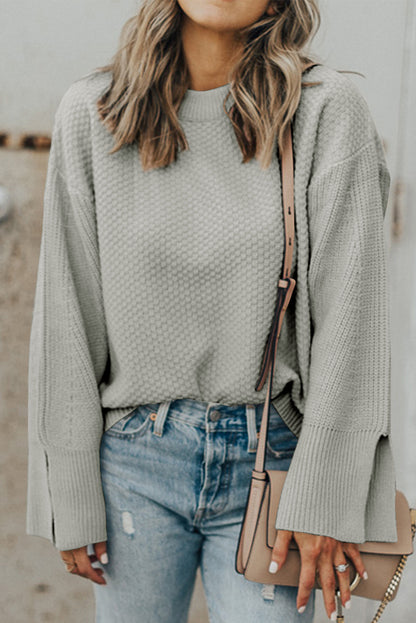 Textured Round Neck Long Sleeve Sweater-Angel Casuals