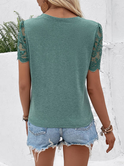 Lace Detail Short Sleeve Round Neck T-Shirt-Angel Casuals